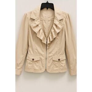 White House Black Market Beige Ruffle Zip Jacket Size 12 Lightweight Chic